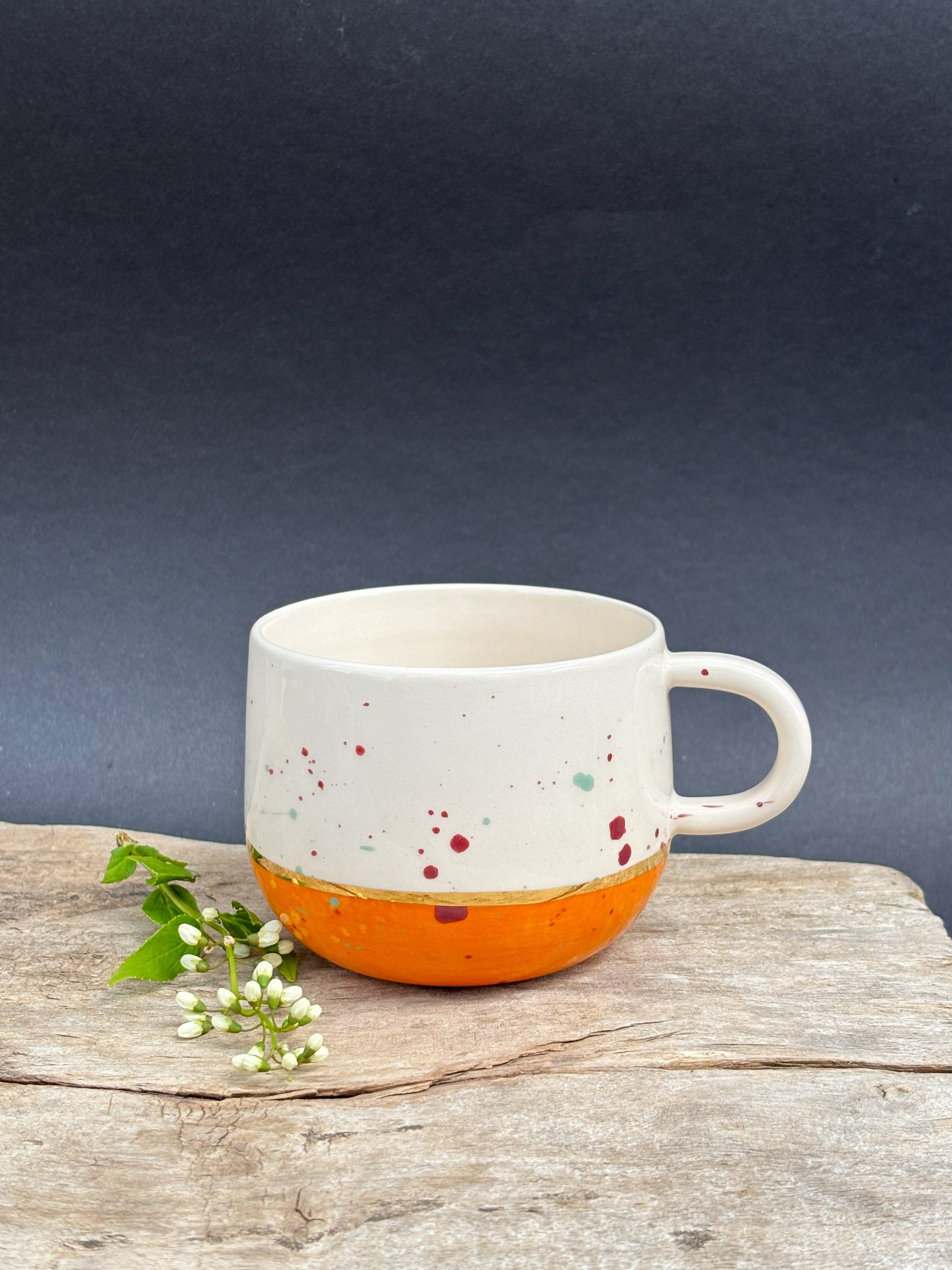 Keramička šalica za kavu ili čaj/ 250ml /24K zlatni lister - narančasta - Sun spot